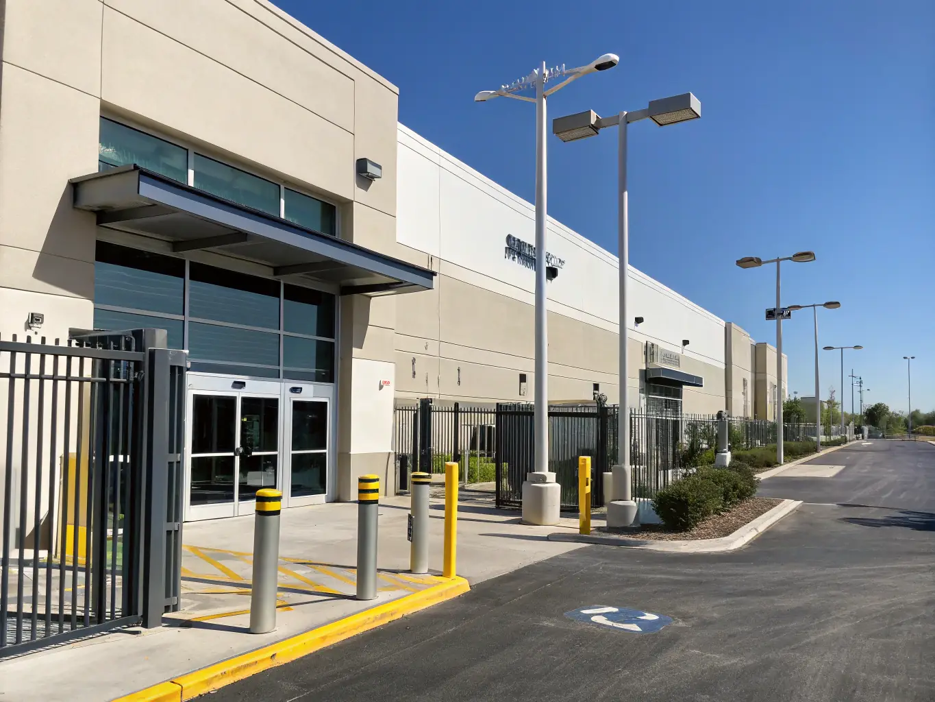 A modern office building exterior, showcasing advanced security features like surveillance cameras and access control systems, symbolizing Mainline Technologies LLC's electronic security solutions.