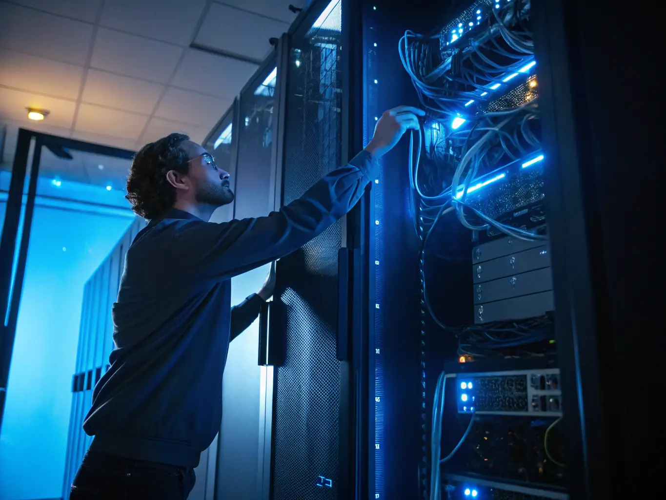 A network engineer installing communication cables in a server room, highlighting Mainline Technologies LLC's expertise in communication infrastructure.