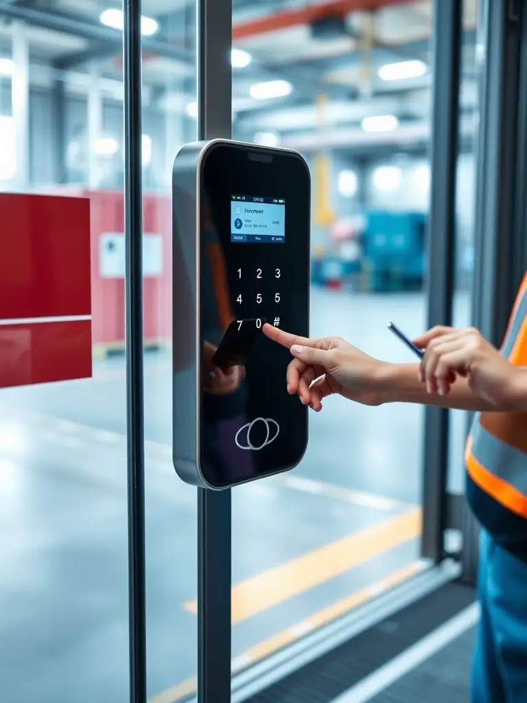 An image of a sleek, modern access control panel installed at the entrance of an office building, emphasizing security and ease of use.