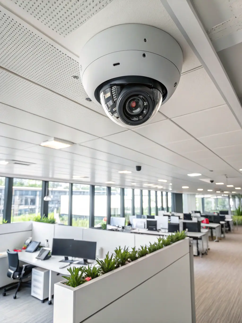 An image showing a modern CCTV camera setup installed in a commercial environment, focusing on clarity and wide coverage.