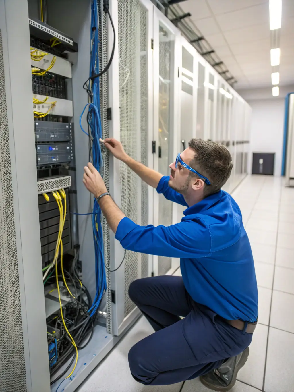 An image of a professional installing network cables in a server room, showcasing the expertise and precision involved in setting up communication infrastructure.